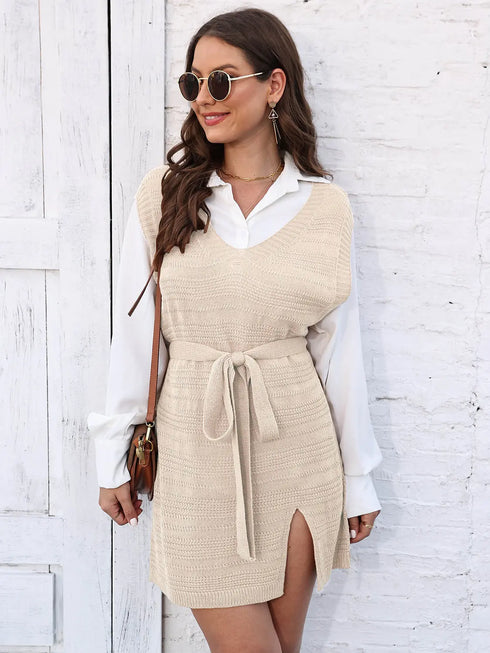 'Saira' V-Neck Sleeveless Sweater Dress - Celes Fashion